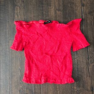 Forever 21 Red Woven/Scrunch Off Shoulder Top
